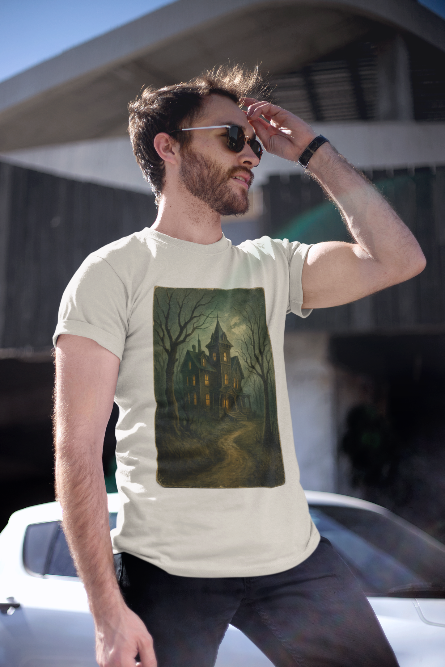 Spooky Postcard Tee – Vintage Halloween Haunted Scene Creepy Paranormal