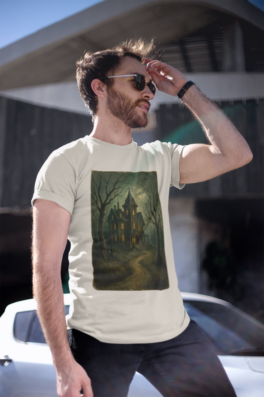 Spooky Postcard Tee – Vintage Halloween Haunted Scene Creepy Paranormal